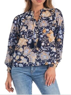NWT Elan 100% Cotton Boho Blouse | Navy & Gold